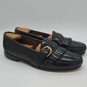 Cole Haan Black Leather Kiltie Loafers with Gold Buckle